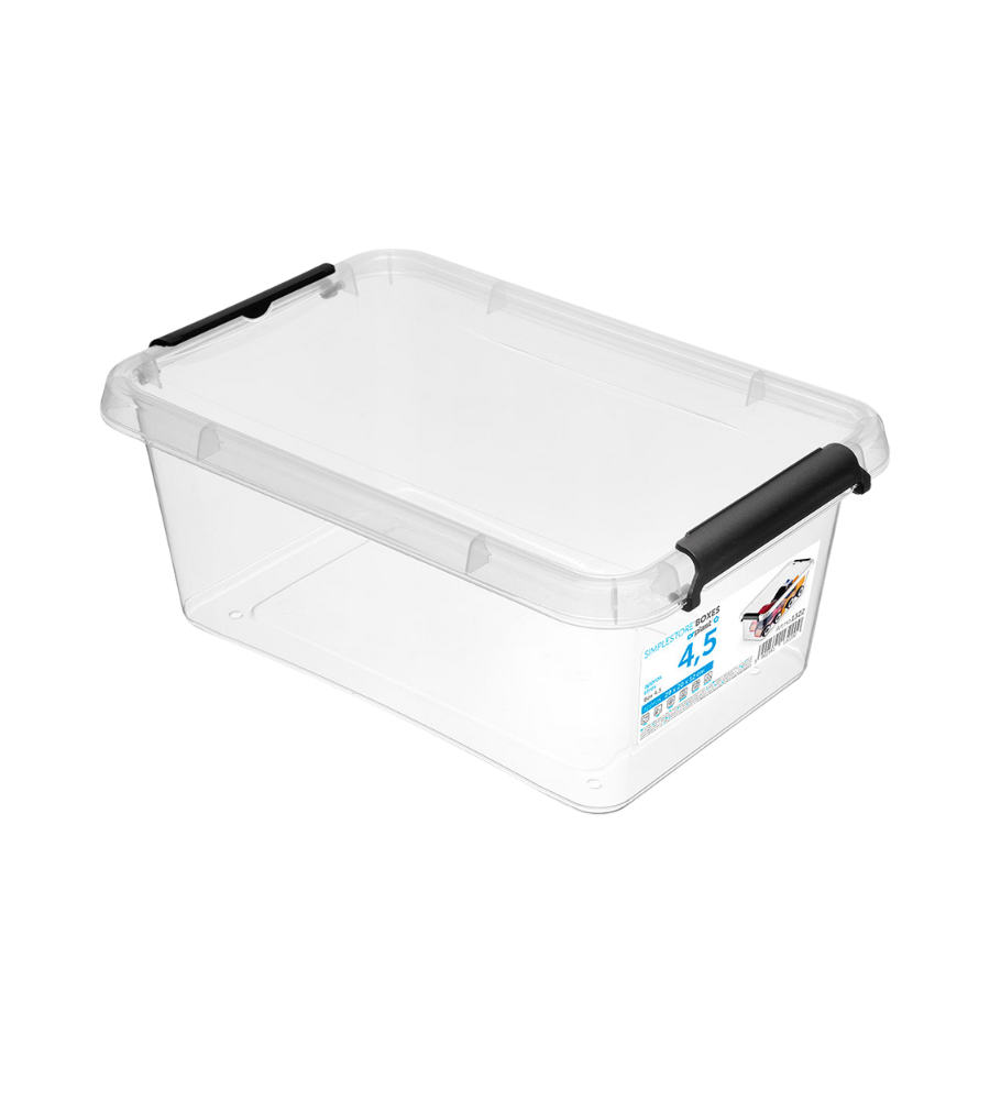 Die Orplast SimpleStore Box - 29x20x12 cm (4,5 L) ist eine durchsichtige Aufbewahrungsbox aus Kunststoff mit einem Deckel und zwei schwarzen Verriegelungsgriffen, die mit einer blau beschrifteten Vorderseite versehen ist. Sie ist aus BPA-freiem Material hergestellt, stapelbar und sicher zu lagern.