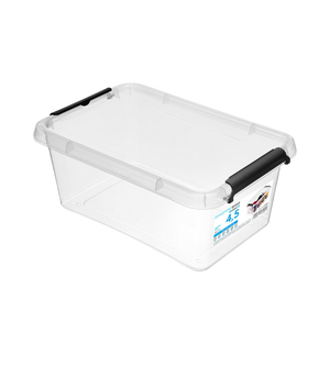 Die Orplast SimpleStore Box - 29x20x12 cm (4,5 L) ist eine durchsichtige Aufbewahrungsbox aus Kunststoff mit einem Deckel und zwei schwarzen Verriegelungsgriffen, die mit einer blau beschrifteten Vorderseite versehen ist. Sie ist aus BPA-freiem Material hergestellt, stapelbar und sicher zu lagern.
