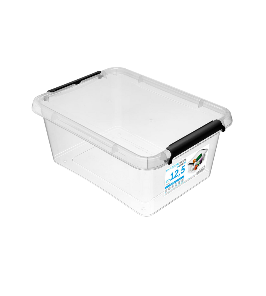 Die Orplast SimpleStore Box (39x29x16,5 cm, 12,5 L) ist eine BPA-freie Aufbewahrungsbox aus klarem Kunststoff mit schwarzen Seitengriffen und Etikett vorne, stapelbar auf weißem Hintergrund.