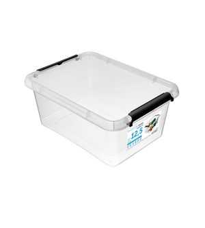 Die Orplast SimpleStore Box (39x29x16,5 cm, 12,5 L) ist eine BPA-freie Aufbewahrungsbox aus klarem Kunststoff mit schwarzen Seitengriffen und Etikett vorne, stapelbar auf weißem Hintergrund.