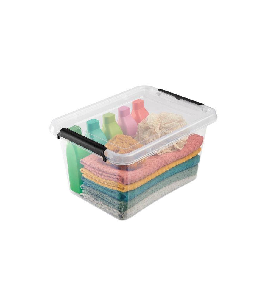 Die Orplast SimpleStore Box (39x29x16,5 cm, 12,5L) verstaut Handtücher, Reinigungsmittel und Schwämme BPA-frei, stapelbar und ordentlich - mit schwarzen Griffen für einfaches Tragen.