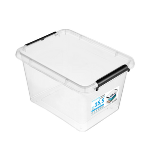 Die Orplast SimpleStore Box (39x29x21,5 cm, 15,5 l) ist ein BPA-freier, stapelbarer Aufbewahrungsbehälter mit einem Deckel und schwarzen Seitenverschlüssen. Ein Etikett auf der Vorderseite informiert über die Aufbewahrung und zeigt das Fassungsvermögen von 15,5 Litern an.