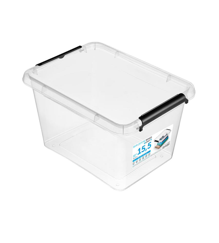 Die Orplast SimpleStore Box (39x29x21,5 cm, 15,5 l) ist ein BPA-freier, stapelbarer Aufbewahrungsbehälter mit einem Deckel und schwarzen Seitenverschlüssen. Ein Etikett auf der Vorderseite informiert über die Aufbewahrung und zeigt das Fassungsvermögen von 15,5 Litern an.