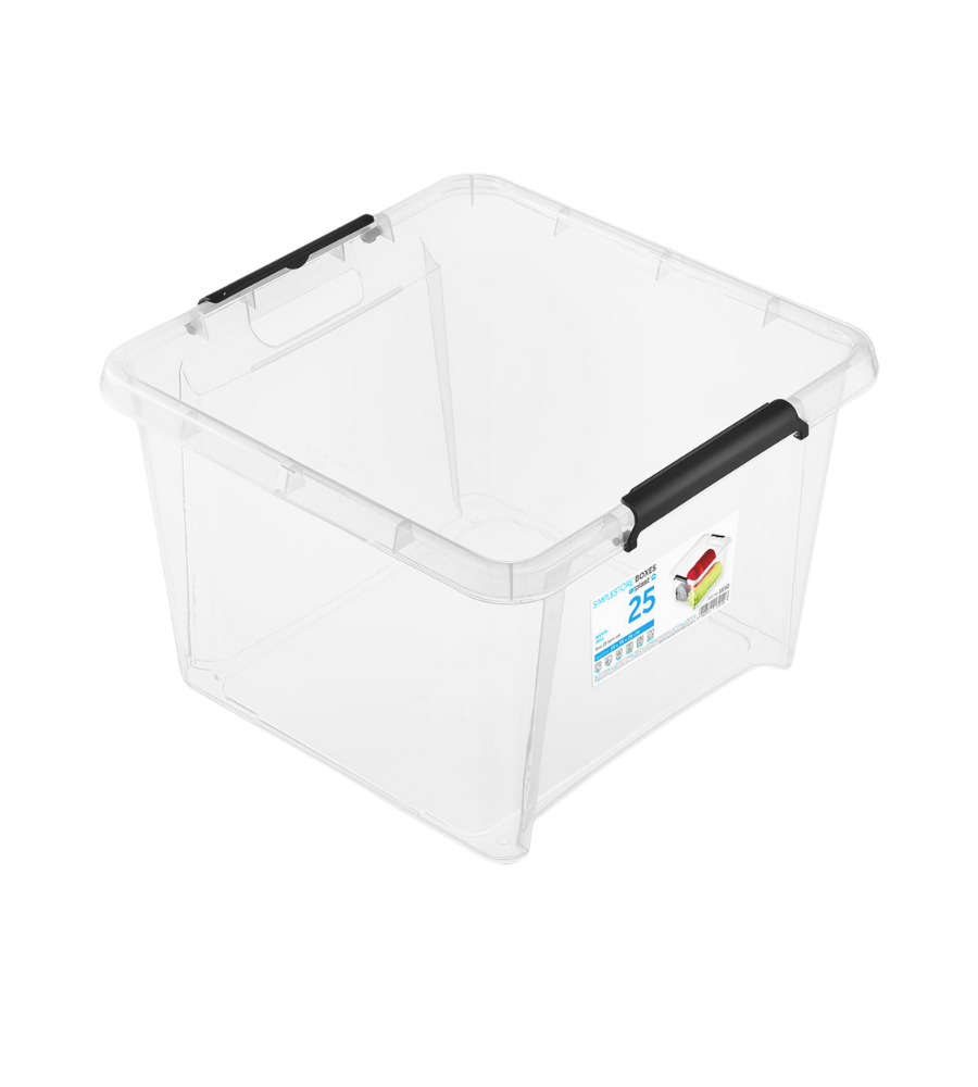 Durchsichtige Plastikbox mit schwarzen Griffen, Aufkleber „SMARTSTORE PRO 25“ mit Abmessungen und Barcode.