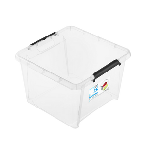 Durchsichtige Plastikbox mit schwarzen Griffen, Aufkleber „SMARTSTORE PRO 25“ mit Abmessungen und Barcode.