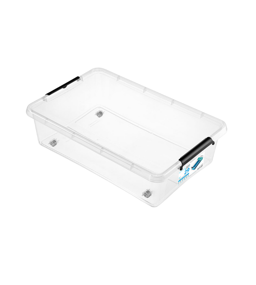 Die Orplast SimpleStore Box BEDROLLER (58x39x16 cm, 29 L) ist eine durchsichtige, BPA-freie rechteckige Aufbewahrungsbox mit schwarzen Griffen und einem seitlichen Etikett - perfekt für die Aufbewahrung unter dem Bett. Abgebildet auf weißem Hintergrund.