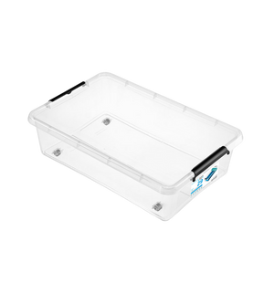 Die Orplast SimpleStore Box BEDROLLER (58x39x16 cm, 29 L) ist eine durchsichtige, BPA-freie rechteckige Aufbewahrungsbox mit schwarzen Griffen und einem seitlichen Etikett - perfekt für die Aufbewahrung unter dem Bett. Abgebildet auf weißem Hintergrund.