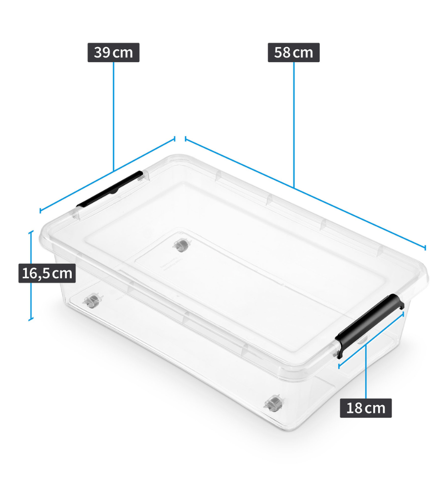 Die Orplast SimpleStore Box BEDROLLER (58x39x16 cm, 29L) ist eine durchsichtige rechteckige Aufbewahrungsbox mit schwarzen Griffen, BPA-frei - ideal für die Aufbewahrung unter dem Bett.