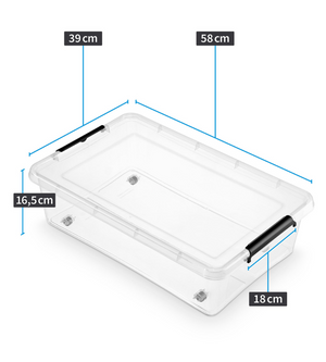 Die Orplast SimpleStore Box BEDROLLER (58x39x16 cm, 29L) ist eine durchsichtige rechteckige Aufbewahrungsbox mit schwarzen Griffen, BPA-frei - ideal für die Aufbewahrung unter dem Bett.