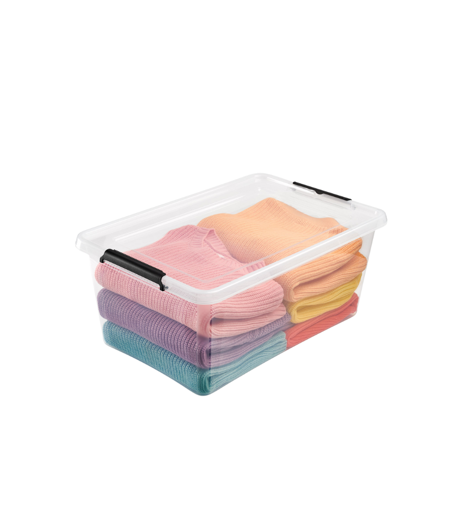 Die Orplast SimpleStore Box WHEEL - 58x39x25 cm (40L) ist eine durchsichtige, BPA-freie Aufbewahrungsbox mit schwarzem Verschluss, ideal für die ordentliche Aufbewahrung pastellfarbener Kleidung. Das stapelbare Design macht diese Boxen perfekt für eine organisierte Aufbewahrung.