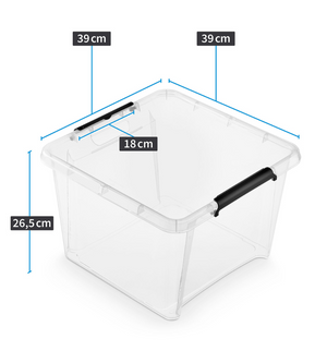 Die Orplast SimpleStore Box STACK&NEST (39x39x26cm, 25L) ist BPA-frei, stapelbar und hat schwarze Griffe (18 cm). Transparentes Design für praktische Aufbewahrung.