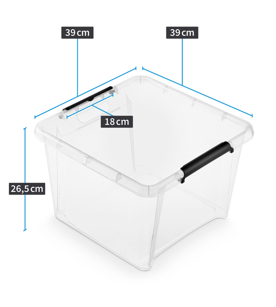 Die Orplast SimpleStore Box STACK&NEST (39x39x26cm, 25L) ist BPA-frei, stapelbar und hat schwarze Griffe (18 cm). Transparentes Design für praktische Aufbewahrung.