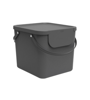 Das Rotho ALBULA Recycling Müllsystem 40L in Anthrazit ist ein dunkelgrauer, rechteckiger Kunststoffbehälter mit Deckel und Griffen - ideal für Recyclingsysteme oder als stapelbarer Behälter zur Mülltrennung.