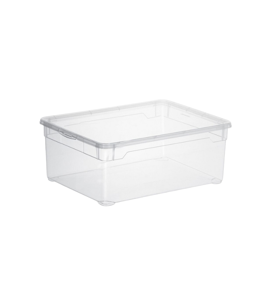 Die Rotho Aufbewahrungsbox CLEAR 10L (36x26x14cm) mit passendem Deckel ist transparent und stapelbar - ideal für ordentliche, übersichtliche Aufbewahrung. Präsentiert vor weißem Hintergrund.
