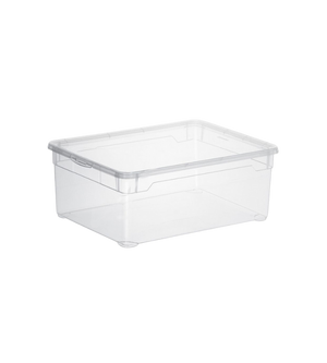 Die Rotho Aufbewahrungsbox CLEAR 10L (36x26x14cm) mit passendem Deckel ist transparent und stapelbar - ideal für ordentliche, übersichtliche Aufbewahrung. Präsentiert vor weißem Hintergrund.