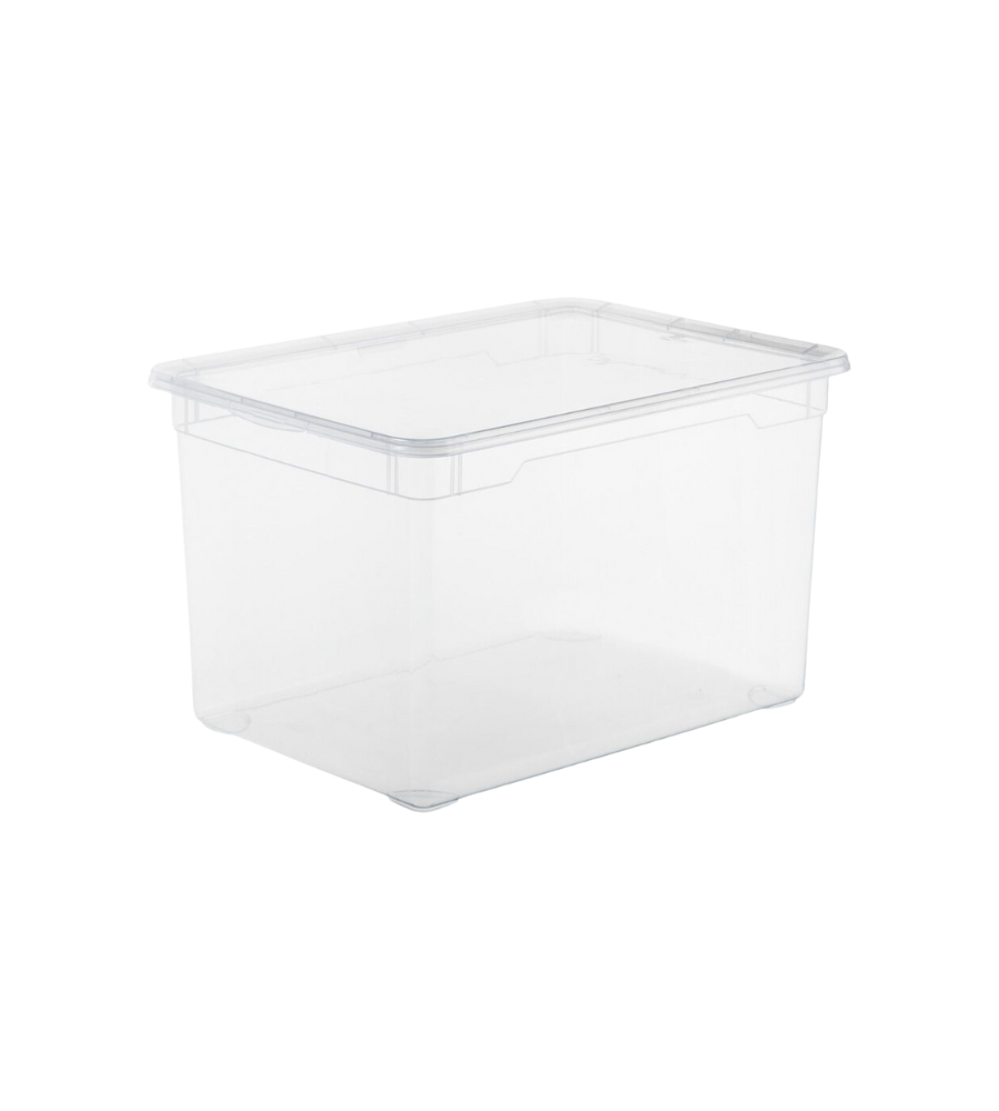 Die Rotho Aufbewahrungsbox CLEAR 46L (55x37,5x32cm) ist eine klare, rechteckige Aufbewahrungsbox mit passendem Deckel, abgebildet auf weißem Hintergrund.