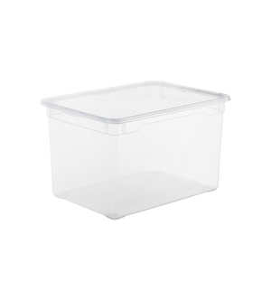 Die Rotho Aufbewahrungsbox CLEAR 46L (55x37,5x32cm) ist eine klare, rechteckige Aufbewahrungsbox mit passendem Deckel, abgebildet auf weißem Hintergrund.
