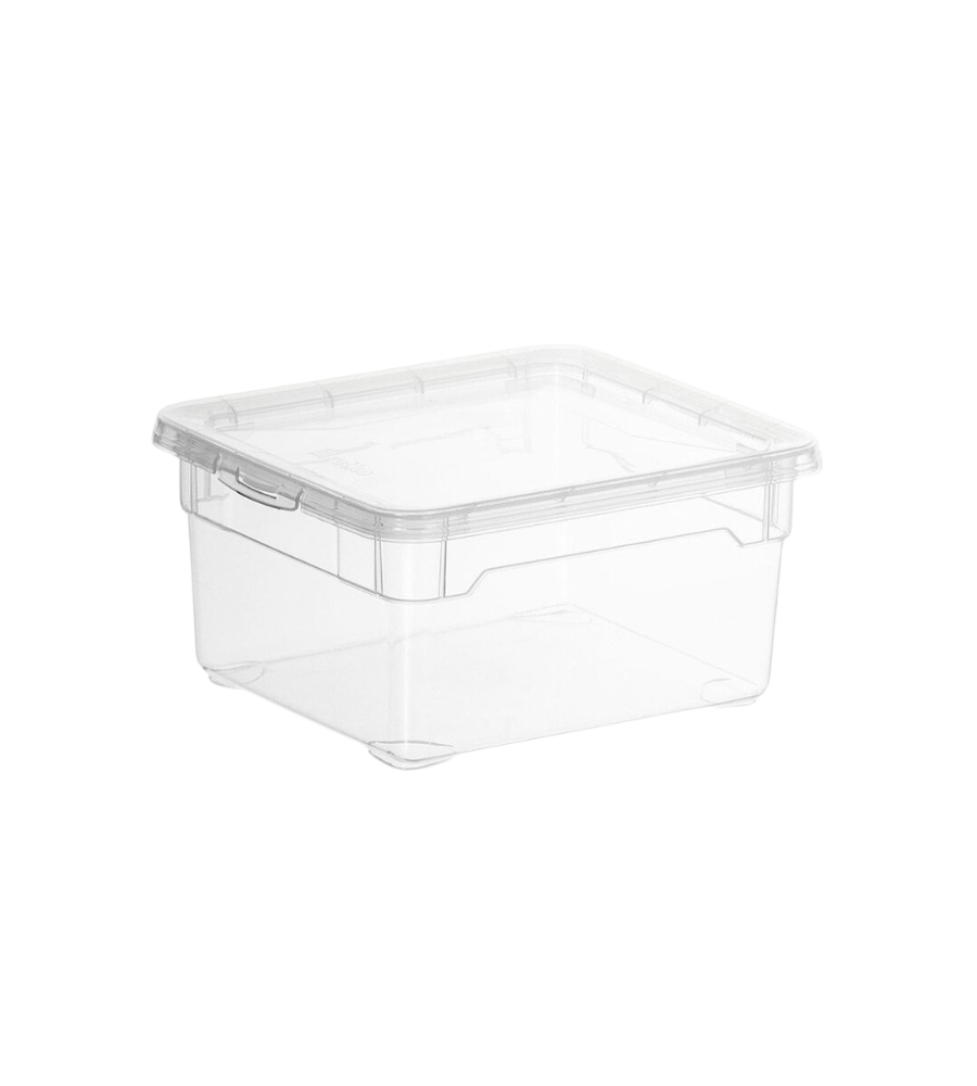 Die stapelbare Aufbewahrungsbox CLEAR 2L von Rotho (19x16,5x9cm) aus transparentem Kunststoff mit passendem Deckel, glatten Seiten und abgerundeten Ecken ist leer und rechteckig auf weißem Hintergrund zu sehen.