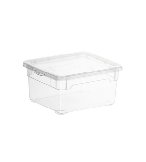 Die stapelbare Aufbewahrungsbox CLEAR 2L von Rotho (19x16,5x9cm) aus transparentem Kunststoff mit passendem Deckel, glatten Seiten und abgerundeten Ecken ist leer und rechteckig auf weißem Hintergrund zu sehen.