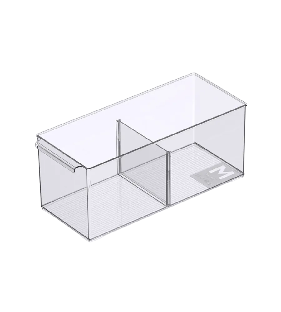 Le bac de rangement BNB x VCN KLAR avec compartiments - différentes tailles extra longues a un design rectangulaire épuré, une surface lisse, une petite étiquette M, une cloison centrale et des compartiments amovibles pour une organisation flexible.