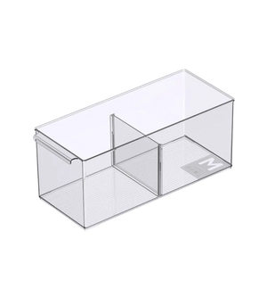 Le bac de rangement BNB x VCN KLAR avec compartiments - différentes tailles extra longues a un design rectangulaire épuré, une surface lisse, une petite étiquette M, une cloison centrale et des compartiments amovibles pour une organisation flexible.