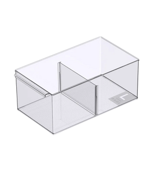 The BNB x VCN KLAR storage container with compartments – various sizes, extra long is a clear, rectangular storage container with a divider for two compartments, featuring a modern, stackable design and transparent sides.
