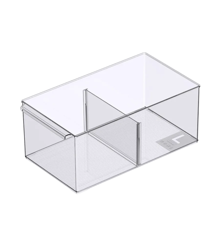 The BNB x VCN KLAR storage container with compartments – various sizes, extra long is a clear, rectangular storage container with a divider for two compartments, featuring a modern, stackable design and transparent sides.