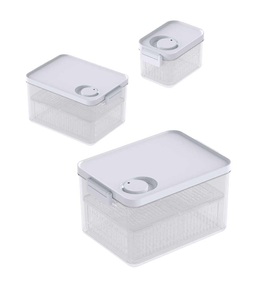 Three DATEMATE KLAR White food storage containers with shelf life timers from BNB x VCN are stacked on a white background. Each transparent, rectangular container varies in size for versatile storage and features a white lid with integrated ventilation opening.