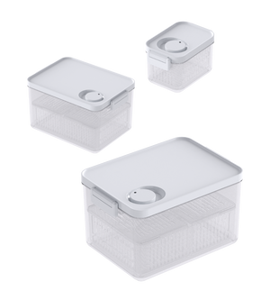 Three DATEMATE KLAR White food storage containers with shelf life timers from BNB x VCN are stacked on a white background. Each transparent, rectangular container varies in size for versatile storage and features a white lid with integrated ventilation opening.