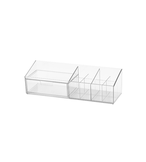 Der BNB x VCN Multi-Organizer KLAR (30,6x9x9cm) zeichnet sich durch ein transparentes Design mit einer ausziehbaren Schublade auf der linken Seite und mehreren offenen Fächern auf der rechten Seite aus, die auf einem schlichten weißen Hintergrund abgebildet sind.