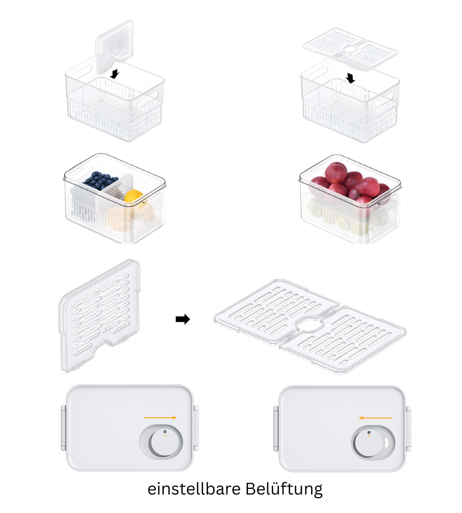 The DATEMATE KLAR White food storage container from BNB x VCN with shelf life timer has a stackable design, adjustable ventilation (German label: adjustable ventilation) and keeps fruit fresh longer thanks to a slider in the lid.