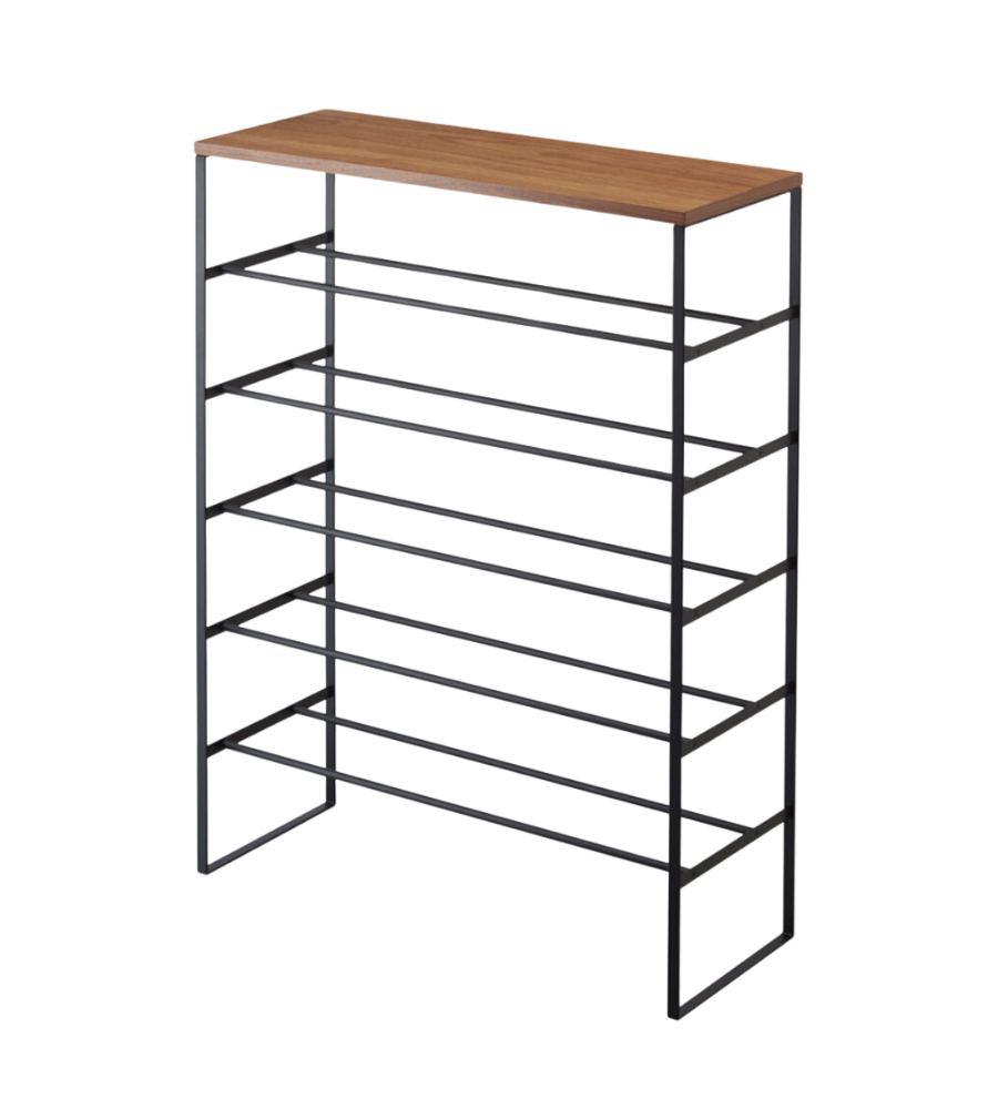 Das TOWER Schuhregal Holz - Schwarz von YAMAZAKI bietet platzsparende Schuhaufbewahrung auf 6 offenen Ebenen mit schwarzem Metallrahmen und einer Ablage aus Holz.