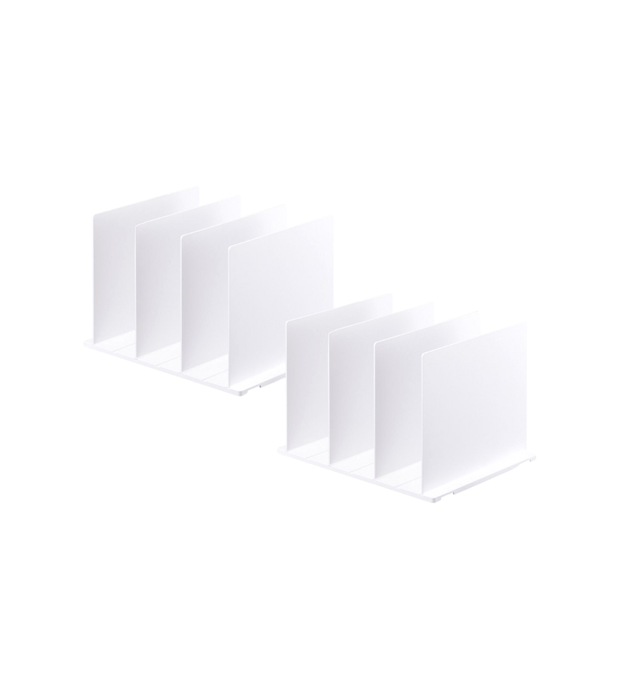 Zwei Sets YAMAZAKI TOWER Taschen-Organizer Weiss - Set 2 Stk. sind in parallelen Reihen auf hellem Grund angeordnet. Jedes Set hat vier gleichmäßig verteilte Trennblätter, ideal um platzsparend zu organisieren und Fächer für Gegenstände zu schaffen.