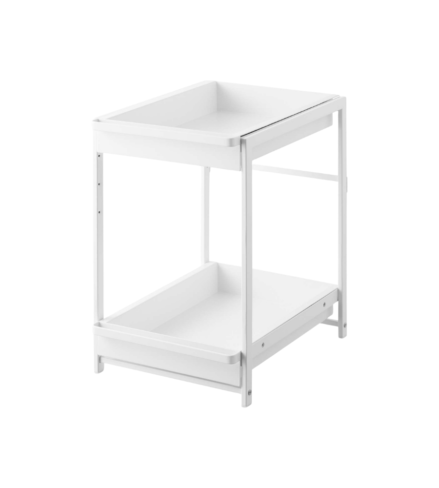 Das YAMAZAKI TOWER Schubladenregal 2-stöckig in Weiss zeichnet sich durch ein minimalistisches, kompaktes Design mit zwei Ebenen, hohen Seiten und einer offenen unteren Ablage aus - ideal für kleine Räume und funktionale Aufbewahrung.