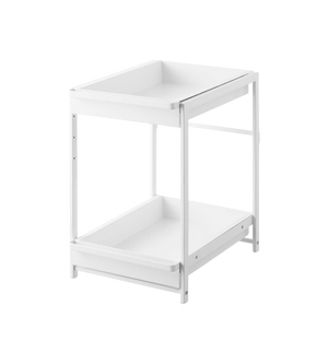 Das YAMAZAKI TOWER Schubladenregal 2-stöckig in Weiss zeichnet sich durch ein minimalistisches, kompaktes Design mit zwei Ebenen, hohen Seiten und einer offenen unteren Ablage aus - ideal für kleine Räume und funktionale Aufbewahrung.