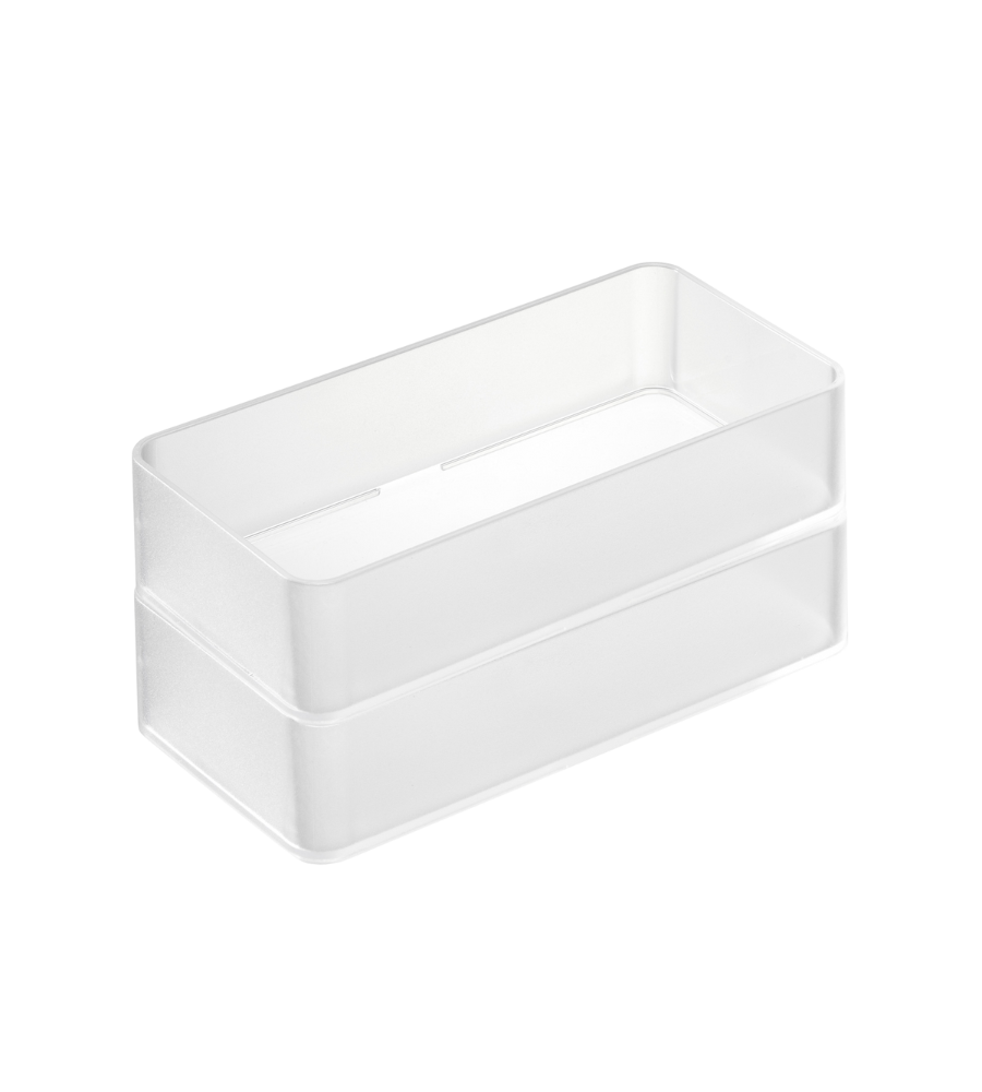 Der YAMAZAKI TOWER Schubladen Organizer Weiss M - Set 2 Stk. zeichnet sich durch ein minimalistisches, stapelbares, rechteckiges Design mit transparenten Deckeln aus, die vor einem weißen Hintergrund abgebildet sind.