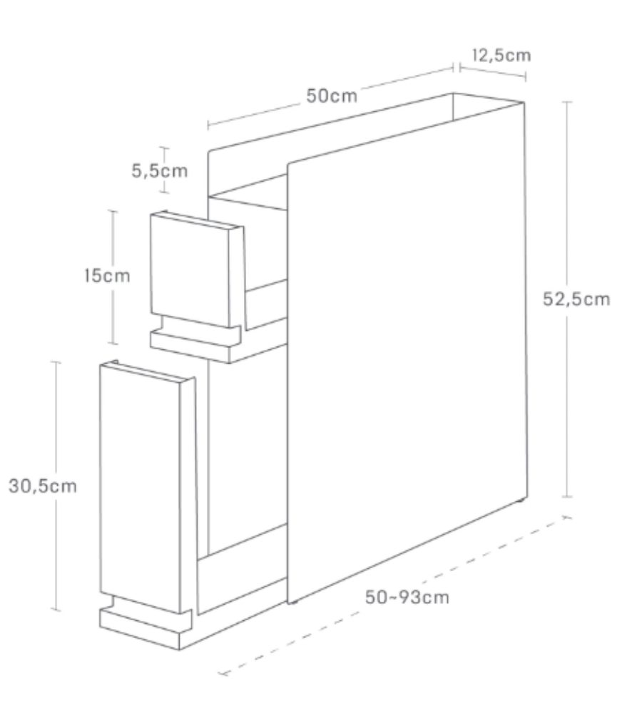 Strichzeichnung des YAMAZAKI TOWER Gewürzregals 2-stöckig (Schwarz), 50-93 cm breit, 52,5 cm hoch, 12,5 cm tief. Fächer sind 15 cm und 30,5 cm hoch; jede Ablage ist 5,5 cm tief - ideal zur effizienten Gewürzorganisation.