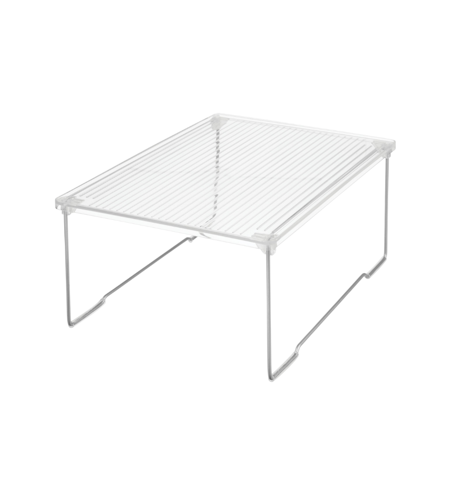 Der LINUS - Regaleinsatz KLAR von iDesign ist ein durchsichtiges Metallregal mit vier Beinen, das sich perfekt für die Optimierung des Platzes in Schränken oder auf Arbeitsplatten eignet und ideal für die Organisation und zusätzliche Aufbewahrung ist. Abgebildet vor einem weißen Hintergrund.