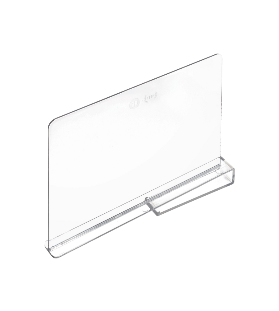 Der iDesign HOME EDIT - Regaltrenner KLAR ist ein transparenter Acryl-Schilderhalter mit waagerechter, rechteckiger Grundfläche, der sich ideal für die aufrechte Präsentation von Papieren auf flachen Oberflächen eignet. Der leere Schrankteiler erscheint vor einem weißen Hintergrund.