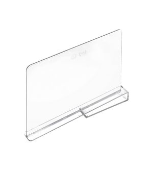 Der iDesign HOME EDIT - Regaltrenner KLAR ist ein transparenter Acryl-Schilderhalter mit waagerechter, rechteckiger Grundfläche, der sich ideal für die aufrechte Präsentation von Papieren auf flachen Oberflächen eignet. Der leere Schrankteiler erscheint vor einem weißen Hintergrund.