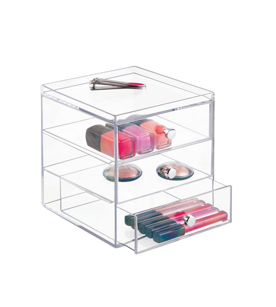 Der iDesign DRAWER - Schubladen-Turm KLAR 3 Fächer - Gross ist ein klarer Acryl-Organizer mit drei Fächern und einer ausziehbaren Schublade, perfekt für die Aufbewahrung von Nagellacken, Kompaktdosen, Lipgloss und Beauty-Tools. Stylisch und stapelbar für Ihre Essentials.