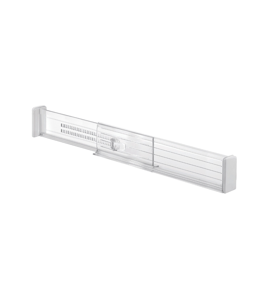 Séparateur de tiroir transparent en plastique, à l'horizontale sur fond blanc.