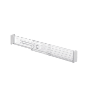 Séparateur de tiroir transparent en plastique, à l'horizontale sur fond blanc.