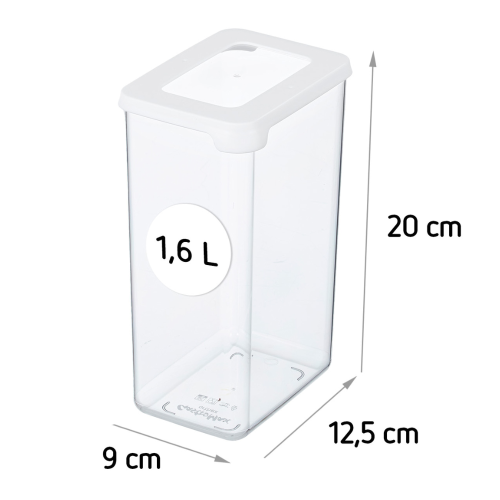 The Orthex SmartStore Clear & White Food Storage Container is a 1.6-liter container made of clear plastic with a white lid, designed to be airtight for freshness. Measuring 20 x 12.5 x 9 cm, it is stackable for organized storage.