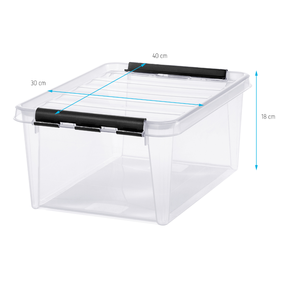 Die Orthex SmartStore Box KLAR (40x30x18cm, 14L) ist BPA-frei, stapelbar und hat einen schwarzen Deckelverschluss. Die transparente Aufbewahrungsbox wird leer vor weißem Hintergrund gezeigt.