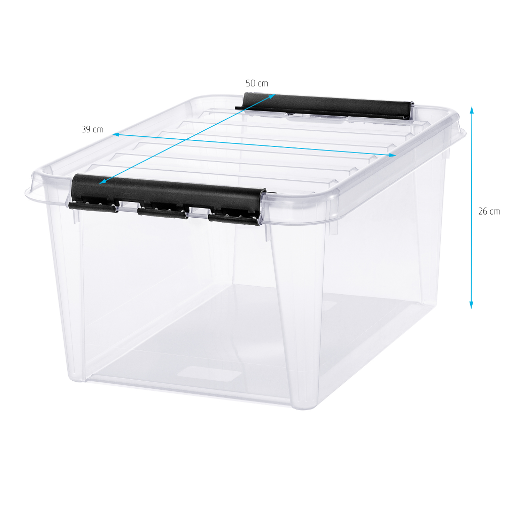 Die Orthex SmartStore Box KLAR (31L) ist eine stapelbare Aufbewahrungsbox aus klarem, BPA-freiem Kunststoff mit schwarzen Griffen. Maße: 50x39x26 cm.