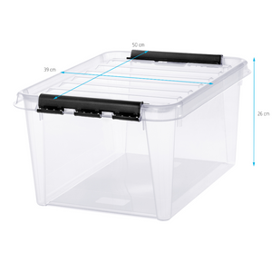 Die Orthex SmartStore Box KLAR (31L) ist eine stapelbare Aufbewahrungsbox aus klarem, BPA-freiem Kunststoff mit schwarzen Griffen. Maße: 50x39x26 cm.