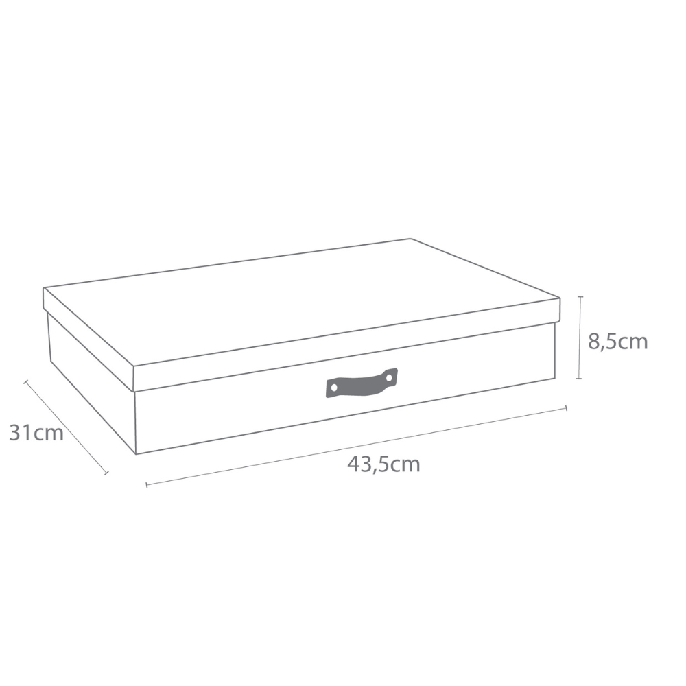 Eine einfache Strichzeichnung der Bigso SVERKER Aufbewahrungsbox A3 in schwarzem Canvas, mit Griff, beschriftet 43,5 cm x 31 cm x 8,5 cm-ideal als Ablagebox fürs Heimbüro oder eine stylische schwarze Aufbewahrungsbox.