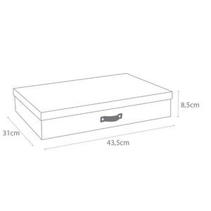 Eine einfache Strichzeichnung der Bigso SVERKER Aufbewahrungsbox A3 in schwarzem Canvas, mit Griff, beschriftet 43,5 cm x 31 cm x 8,5 cm-ideal als Ablagebox fürs Heimbüro oder eine stylische schwarze Aufbewahrungsbox.