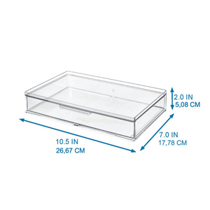 The iDesign HOME EDIT Organizer with drawer, modular – various sizes, is a transparent storage box with lid (26.67 x 17.78 x 5.08 cm); blue arrows indicate the dimensions.
